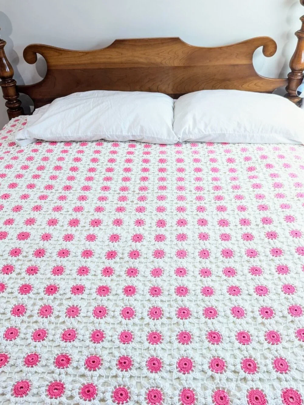 Boho Cottagecore Crochet Quilt ~ Bright Pink/White ~ Hand Crocheted Cotton